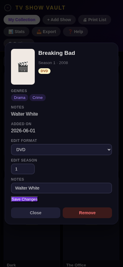Editing a show in the detail modal